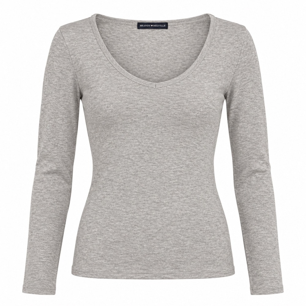 Brandy Melville Heather Gray V-Neck Long Sleeve Ribbed Knit Top One Size